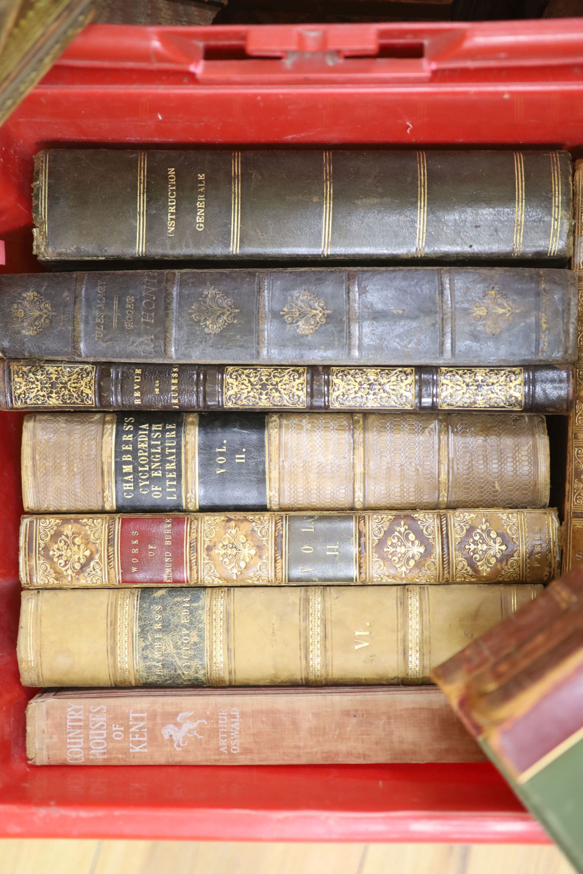 Three boxes of various decorative bindings